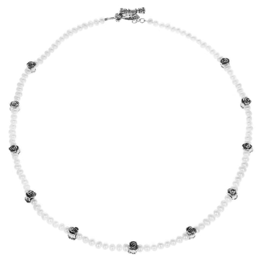 King Baby 6Mm Pearl Necklace W/ Silver Rose Beads - King Baby