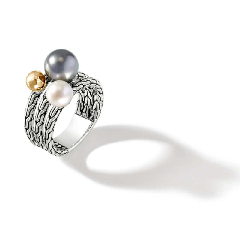 John Hardy Classic Chain Hammered 18K Gold & Silver Ring with 8-8.5mm Tahitian Pearl and 6-6.5mm Fresh Water Pearl - John Hardy