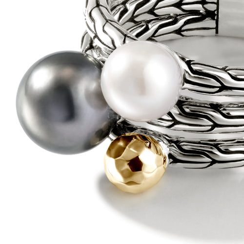 John Hardy Classic Chain Hammered 18K Gold & Silver Ring with 8-8.5mm Tahitian Pearl and 6-6.5mm Fresh Water Pearl - John Hardy