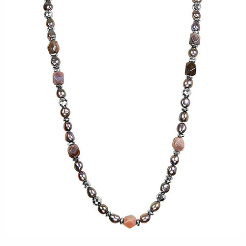 Honora Sterling Silver Fresh Water Cultured Pearl Hematite Botswana Agate Necklace - Honora