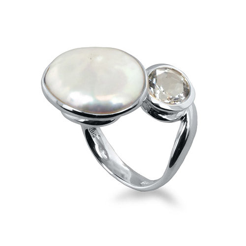 Honora Sterling Silver White Baroque Coin Freshwater Cultured Pearl Topaz Ring - Honora