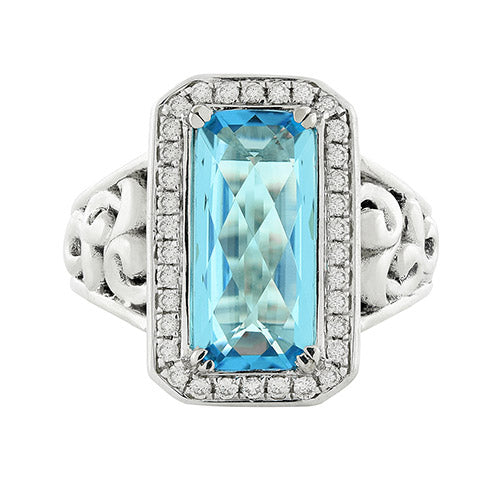 Charles Krypell Emerald Cut Blue Topaz Center with Diamond Halo Fashion Ring - Charles Krypell