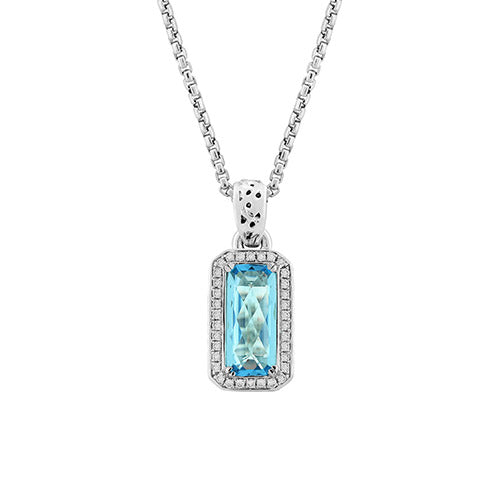 Charles Krypell Emerald Cut Blue Topaz Center with Diamond Halo Pendant - Charles Krypell