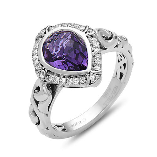 Charles Krypell Silver Collection Pear Shaped Amethyst with Diamond Halo Ring - Charles Krypell
