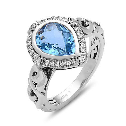 Charles Krypell Silver Collection Pear Shaped Blue Topaz with Diamond Halo Ring - Charles Krypell