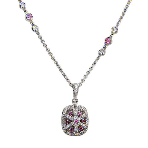 Charles Krypell 18k White Gold Sterling Silver - Pastel Collection Cushion Morganite Diamond Halo Pink Sapphire Pendant - Charles Krypell