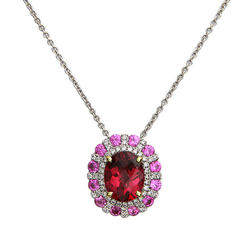 Charles Krypell 18k White Gold Pastel Collection Oval Rubellite Center Diamond Pink Sapphire Halo Pendant - Charles Krypell