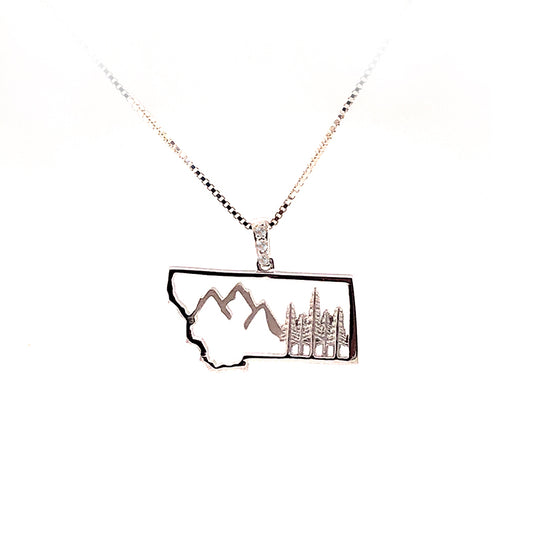 A MOUNTAIN PENDANT STERLING SILVER MONTANA OUTLINE WITH MOUNTAINS AND TREES - Yogo