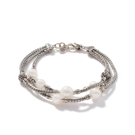 John Hardy Classic Chain Silver Triple Row Bracelet with Lobster Clasp with 7-10mm Cultured Fresh Water Pearl - John Hardy