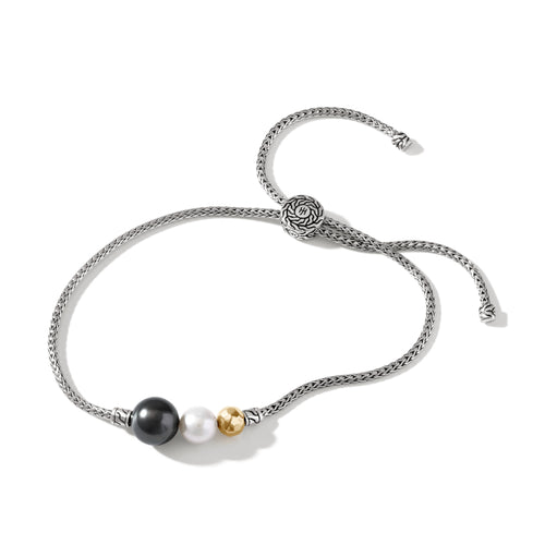 John Hardy Classic Chain Hammered 18K Gold & Silver 1.8mm Chain Pull Through Bracelet with Tahitian Pearl - John Hardy