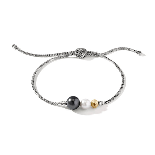 John Hardy Classic Chain Hammered 18K Gold & Silver 1.8mm Chain Pull Through Bracelet with Tahitian Pearl