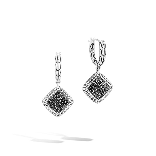 John Hardy Classic Chain Silver Square Drop Earrings with Treated Black Sapphire and Black Spinel - John Hardy