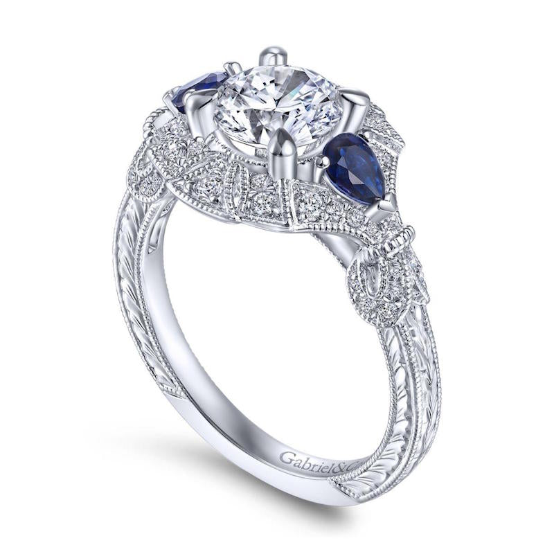 Gabriel & Co. 14k White Gold Art Deco 3 Stone Diamond & Gemstone Halo Engagement Ring - Gabriel & Co.