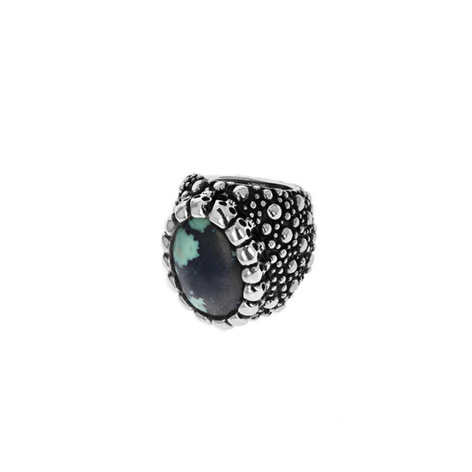 King Baby Sting Ray Texture Ring With Top Hat Spotted Turquoise Cabochon In Skull Bezel - King Baby