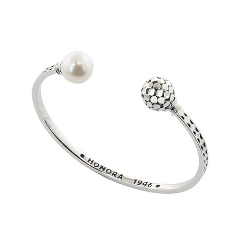 Honora Sterling Silver White Round Ringed Freshwater Cultured Pearl Open Cuff Bangle Bracelet - Honora