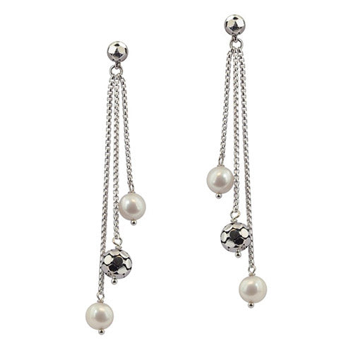 Honora Sterling Silver White Round Ringed Freshwater Cultured Pearl Triple Dangle Earrings - Honora