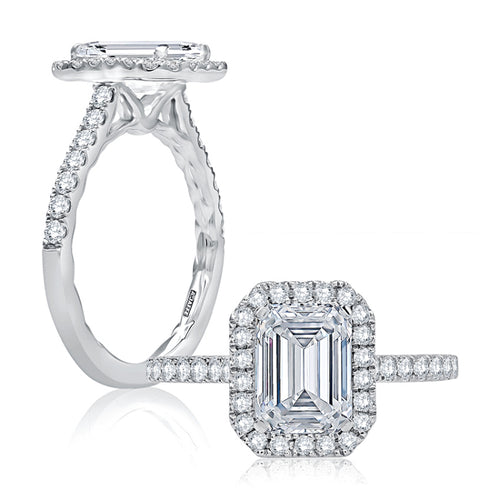 A. Jaffe Emerald Cut Diamond Halo Engagement Ring with Quilted Interior - A. Jaffe