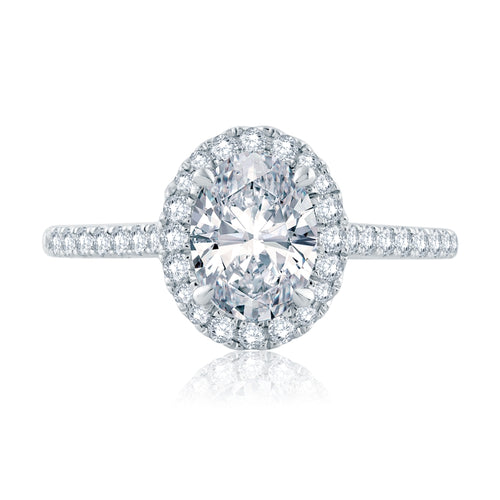 A. Jaffe Oval Halo Engagement Ring with Intricate Gallery Detail and Signature A.JAFFE Quilts Interior - A. Jaffe