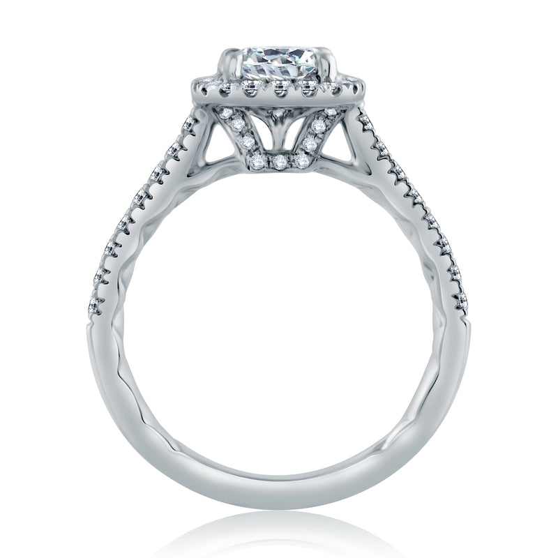 A. Jaffe Intricate Milgrain Accent Gallery Detail Round Center with Cushion Shaped Halo Engagement Ring