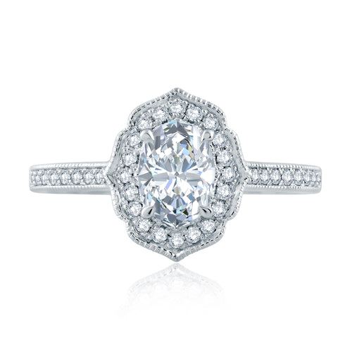 A. Jaffe Floral Inspired Milgrain Detail Halo Oval Engagement Ring