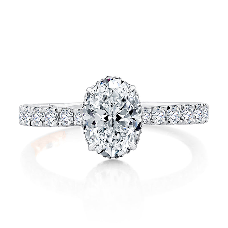 A. Jaffe Oval Cut Shared Prong Diamond Engagement Ring with Hidden Halo