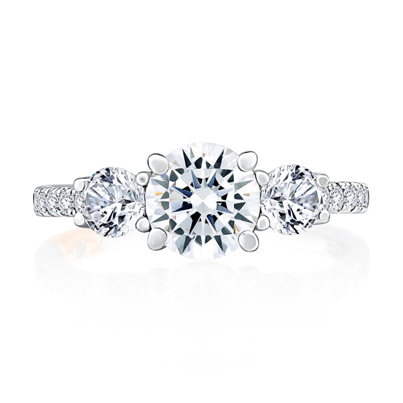 A. Jaffe Three Stone Trellis Diamond Engagement Ring with Pave Diamond Band