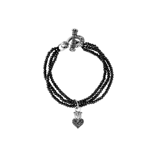 King Baby 3-Strand Black Spinel Bracelet W/ Black Baby Pave Cz Crowned Heart & Silver Clasp - King Baby