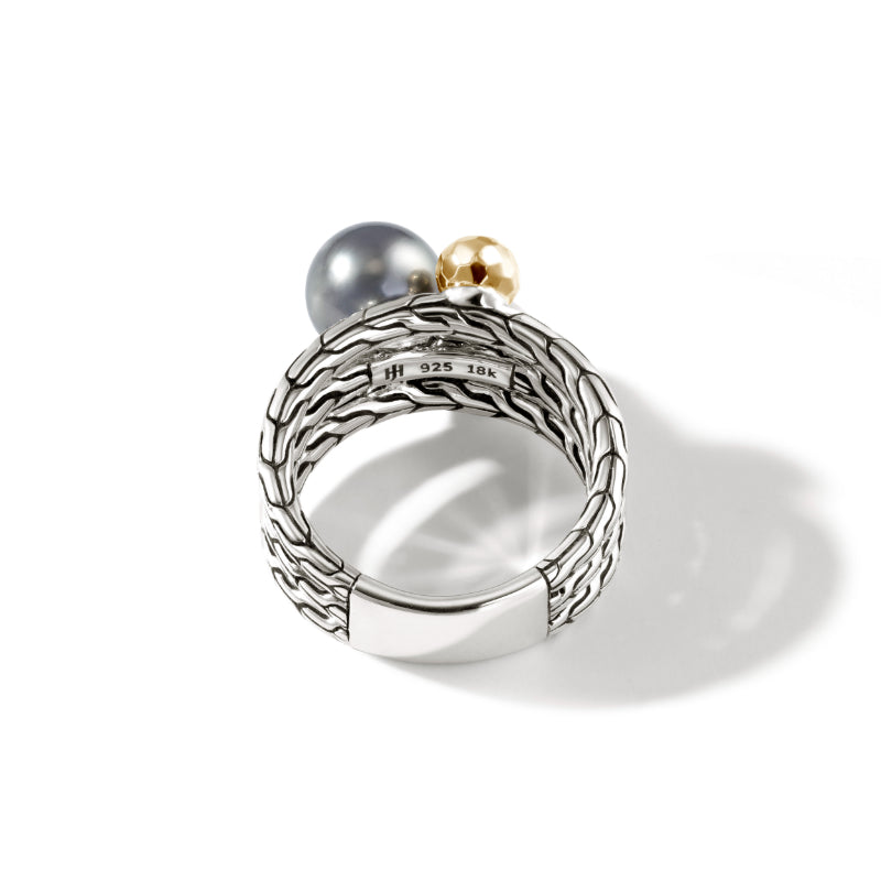 John Hardy Classic Chain Hammered 18K Gold & Silver Ring with 8-8.5mm Tahitian Pearl and 6-6.5mm Fresh Water Pearl