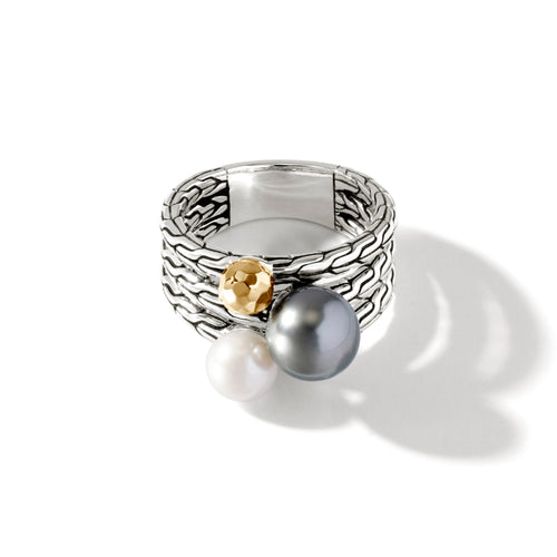 John Hardy Classic Chain Hammered 18K Gold & Silver Ring with 8-8.5mm Tahitian Pearl and 6-6.5mm Fresh Water Pearl