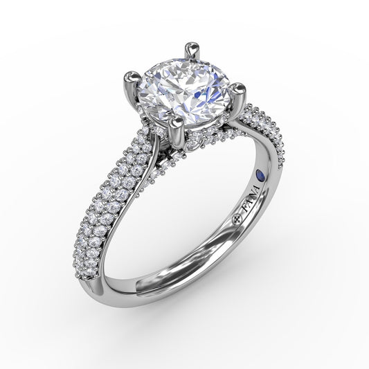 Fana Classic Round Diamond Solitaire Engagement Ring With Double-Row Pave Diamond Shank - Fana
