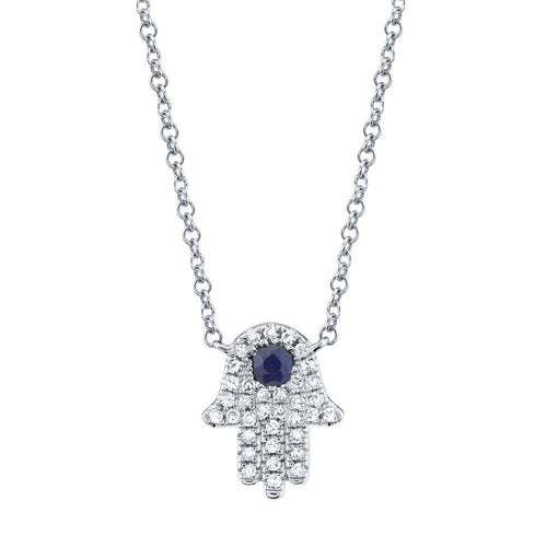 Shy Creation 14k Gold White 0.09Ct Diamond & 0.08Ct Blue Sapphire Hamsa Necklace - Shy Creation