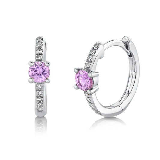 Shy Creation 14k Gold White 0.06Ct Diamond & 0.23Ct Pink Sapphire Huggie Earring