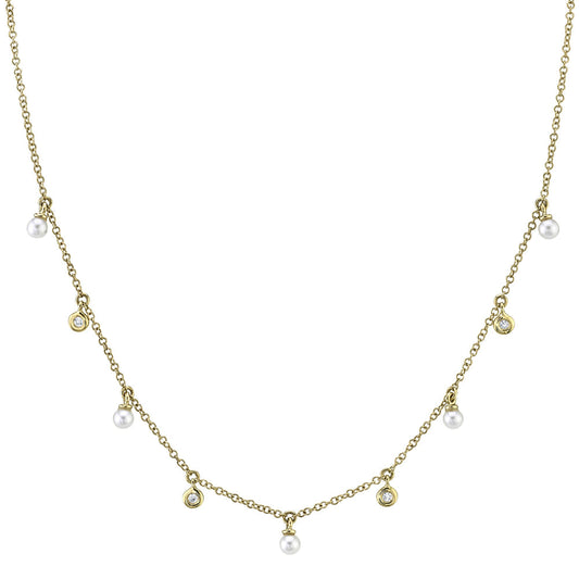Shy Creation 14k Gold Yellow 0.04Ct Diamond & Cultured Pearl Necklace