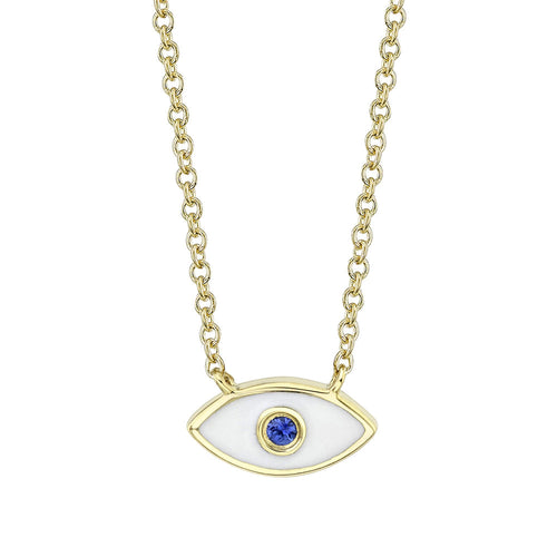 Shy Creation 14k Gold Yellow White Enamel & Blue Sapphire Evil Eye Pendant Necklace - Shy Creation