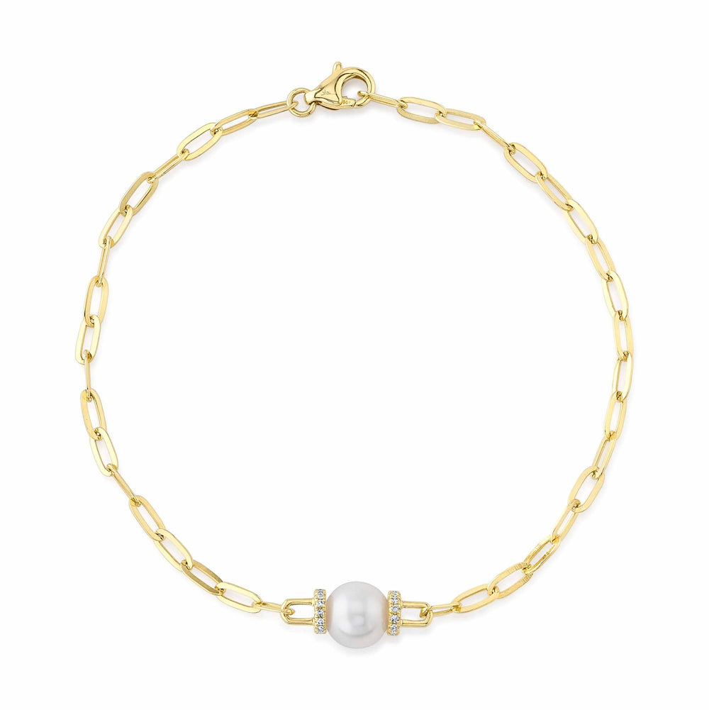Shy Creation 14k Gold Yellow 0.07Ct Diamond & Cultured Pearl Paper Clip Link Bracelet - Shy Creation