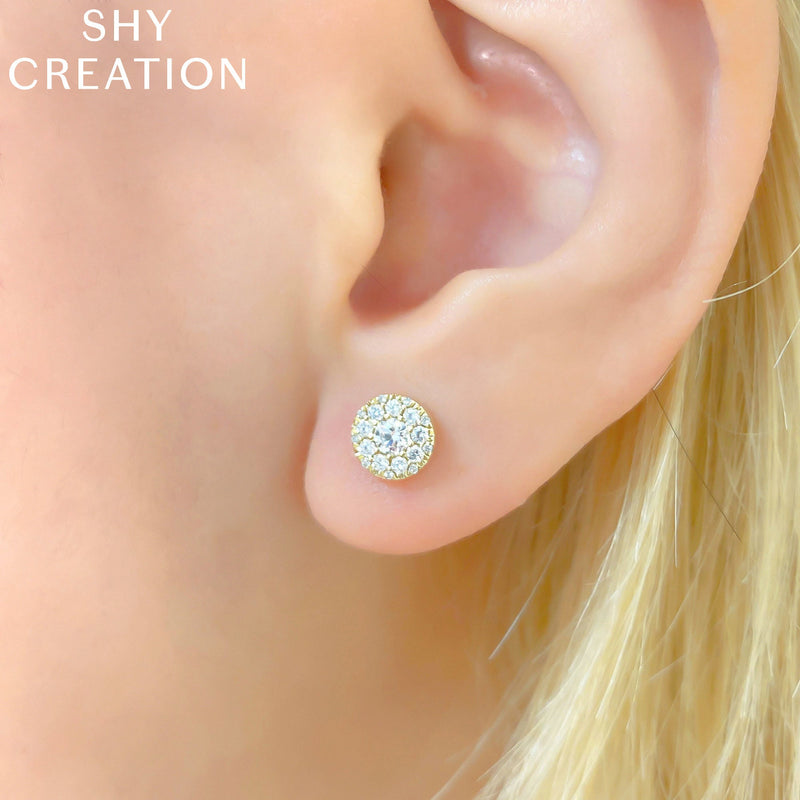 Shy Creation 14k Gold White 0.24Ct-Ctr(Round) 0.26Ct-Side Diamond Cluster Earring - Shy Creation