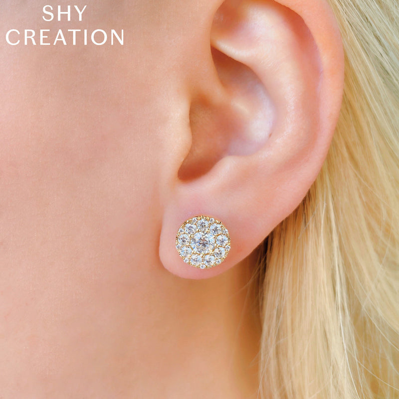 Shy Creation 14k Gold White 1.00Ct-Ctr(Round) 1.00Ct-Side Diamond Cluster Earring - Shy Creation