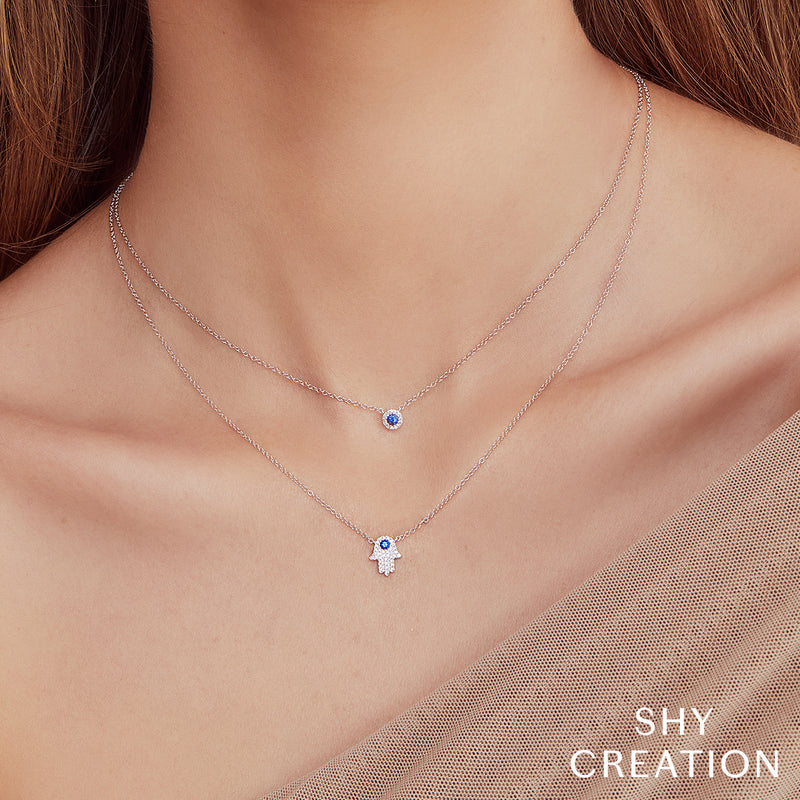 Shy Creation 14k Gold White 0.09Ct Diamond & 0.08Ct Blue Sapphire Hamsa Necklace - Shy Creation