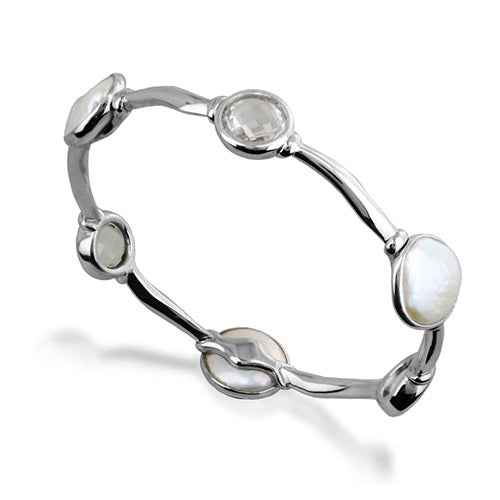 Honora Sterling Silver White Baroque Coin Freshwater Cultured Pearl Rock Crystal Bangle Bracelet - Honora