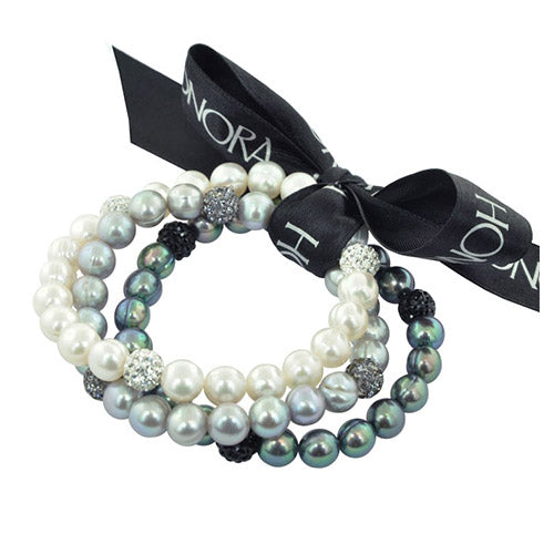 Honora Set of Three Sterling Silver Multi Colored Freshwater Cultured Pearl Crystal Bead Bracelet - Honora