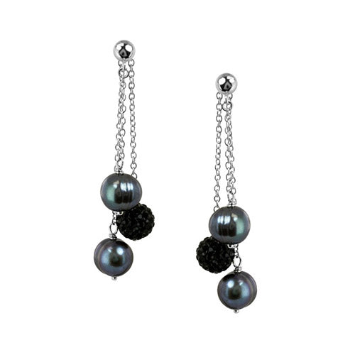 Honora Sterling Silver Black Freshwater Cultured Pearl Pave Crystal Bead Drop Earrings - Honora