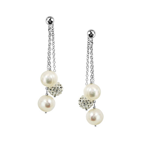 Honora Sterling Silver White Round Ringed Freshwater Cultured Pearl Crystal Bead Drop Earrings - Honora