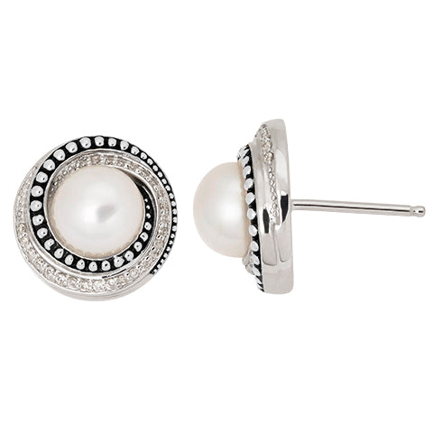 Honora Sterling Silver White Diamond and Pearl Stud Earrings - Honora