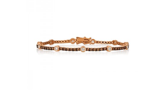 a rose gold diamond tennis bracelet featuring vanilla and chocolate diamonds