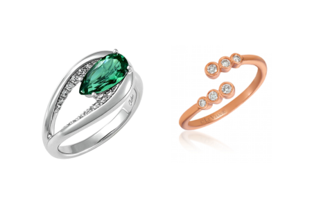 Two rings, one by Chatham and the other by Le Vian, both available at Goldsmith Gallery Jewelers.