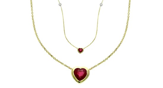 two images of a yellow gold heart shaped ruby pendant necklace