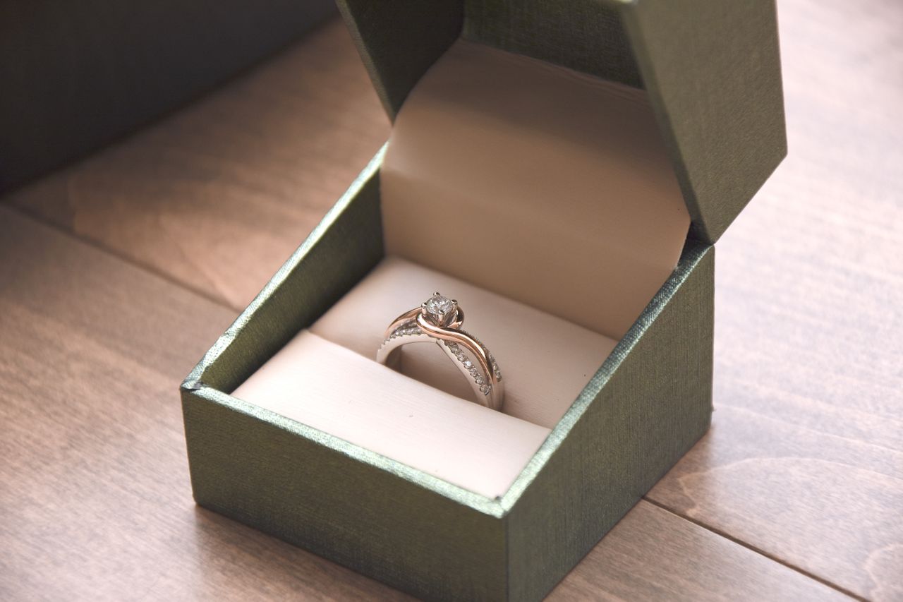 A classic solitaire engagement ring with a split shank band, displayed in a ring box.