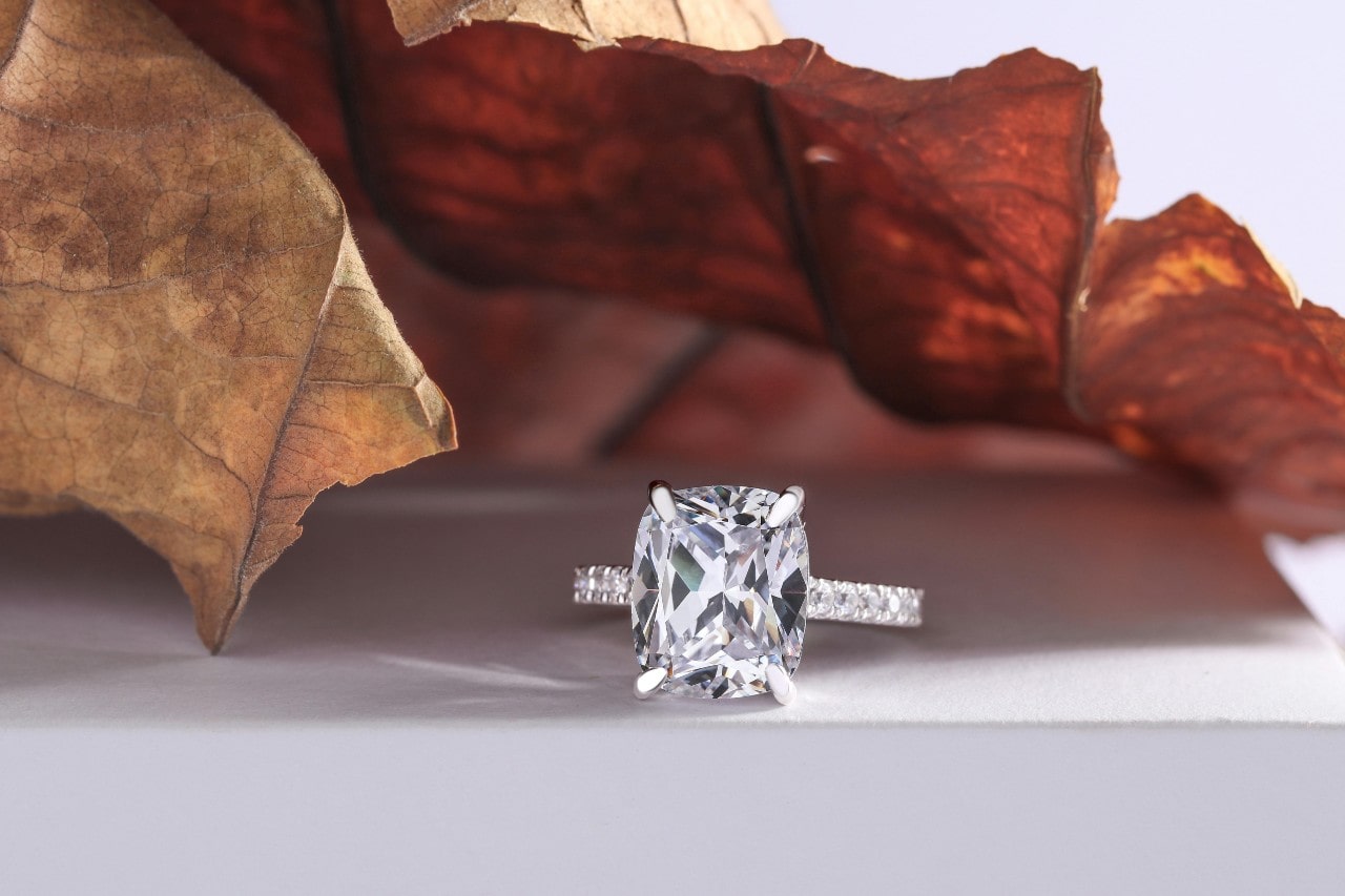 a cushion cut engagement ring with side stones sitting under brown leaves 